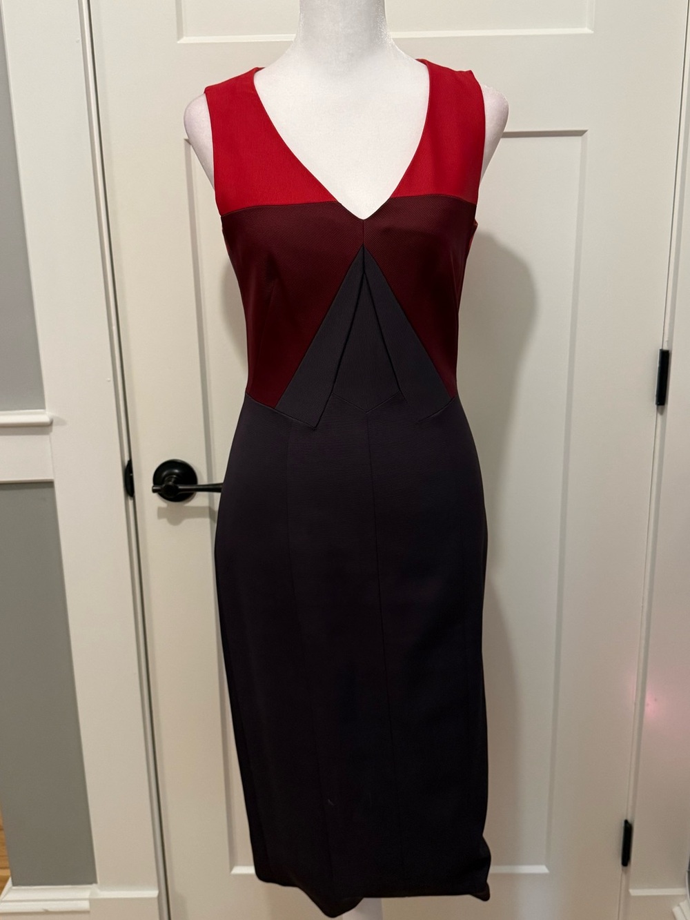 Karen Millen Red and Plum Colorblock V-Neck Midi Dress